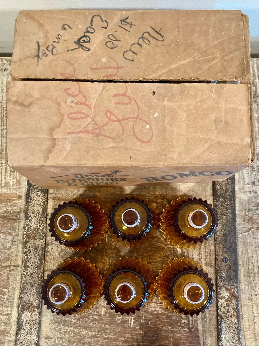 6 Vintage Homco Flic-A-Lite Amber Ribbed Cut Pegged Votive Candle Holders